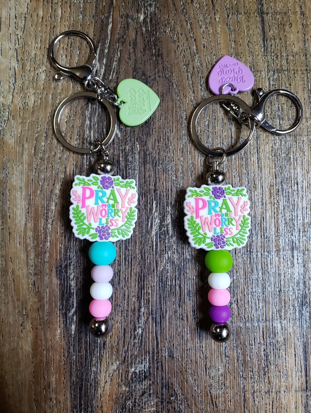 Handmade "Pray More Worry Less" Beaded Keychains with Charms